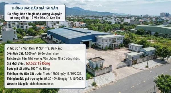 Đà Nẵng: Đấu giá tài sản nhà xưởng và quyền sử dụng đất tại phường Sơn Trà